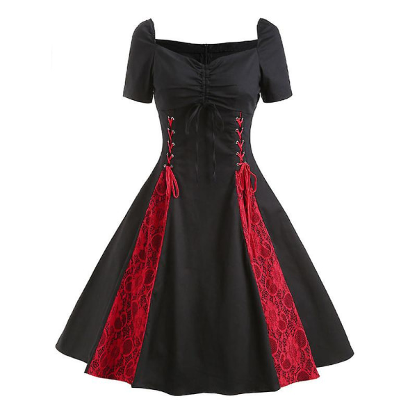Naisten Retro Hepburn Lyhythihainen Mekko Pitsipaikoilla Pitsinauhakiinnityksellä A-linjainen Kellomekko Black 2XL