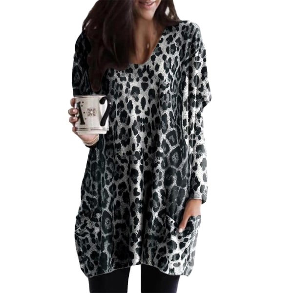Løse, avslappede langermet topper for kvinner, genser, bluse, T-skjorte med lommer, pluss størrelse Leopard Gray 4XL