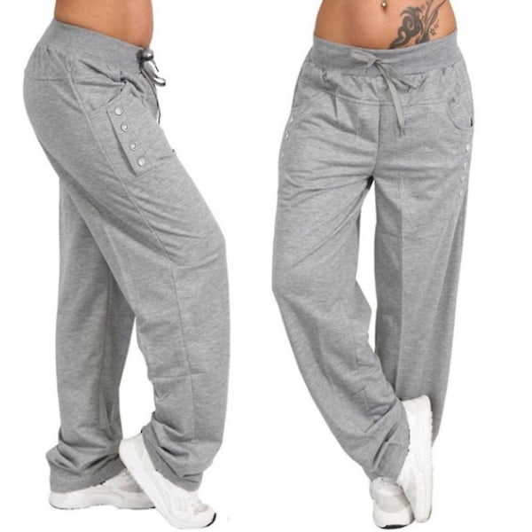 Dame Ensfarvede Elastiske Talje Snøre Vide Ben Bukser Fuld Længde Afslappede Løse Lange Bukser Sports Jogging Sweatpants Light Grey XL