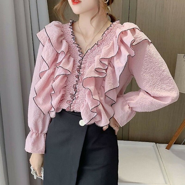 Dame Skjorte Bluse Topp Lang Utsvingt Erme Rynke Volang V-hals Casual Prinsesse-3 Pink XL(UK 12)