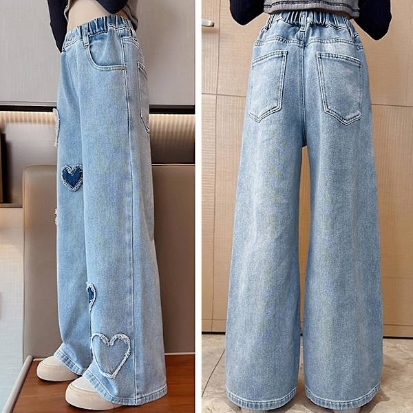 Flickor Vida Ben Jeans med Elastisk Midja Hjärtmönster Tryckta Jeans för Semester Casual Kläder Skola Blue 130