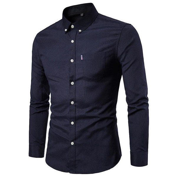 Herre Ensfarget Formell Skjorte med Knapper Langermet Business Slim Fit Skjorte Casual Topper Lomme Black L