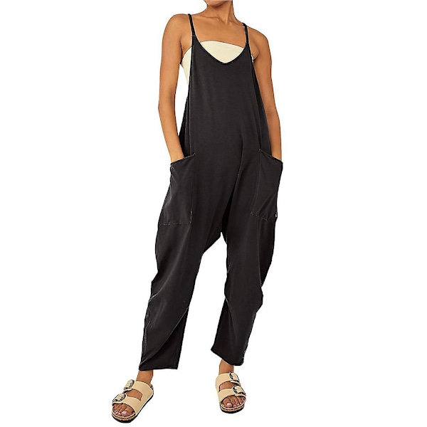 Dam Dam Vår Sommar Ledig Lös Lång Hängselbyxor Jumpsuits Playsuits Baggy Rompers Med Fickor Black 4XL