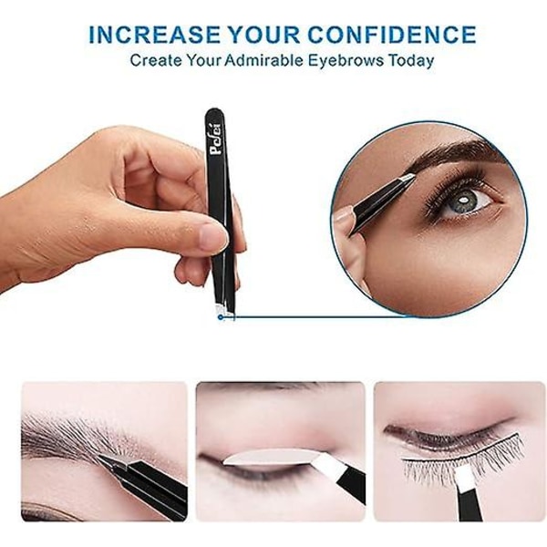 Set - Professionell pincett i rostfritt stål för ögonbryn - Fantastisk precision för ansiktshår, flisor och inåtväxande hårborttagning (svart)