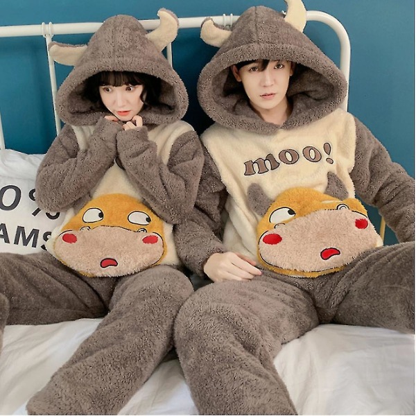 Par Pyjamas Dam Herr Hemmakläder Höst- och Vintermodeller Plus Sammet Tjock Korall Sammet Flanell Cattle 3XL(Men)
