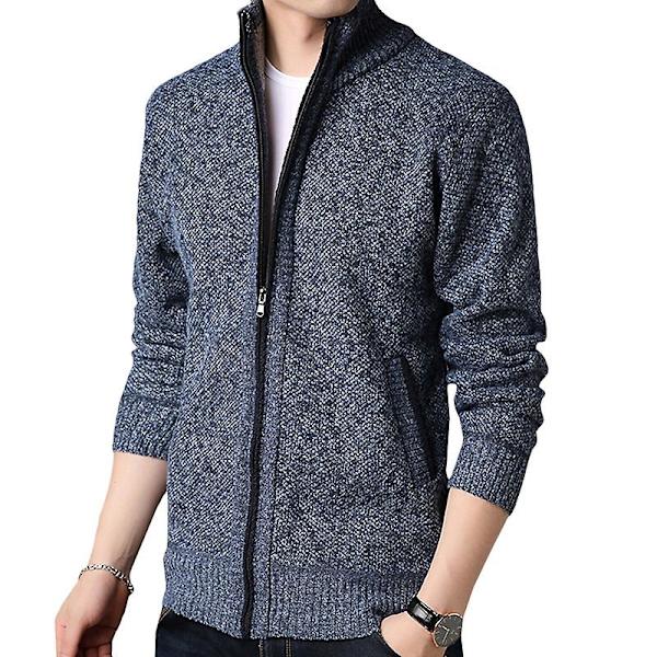 Herr Ull Stickad Trattkrage Kofta Jacka Dragkedja Tröja Toppar Blue 2XL