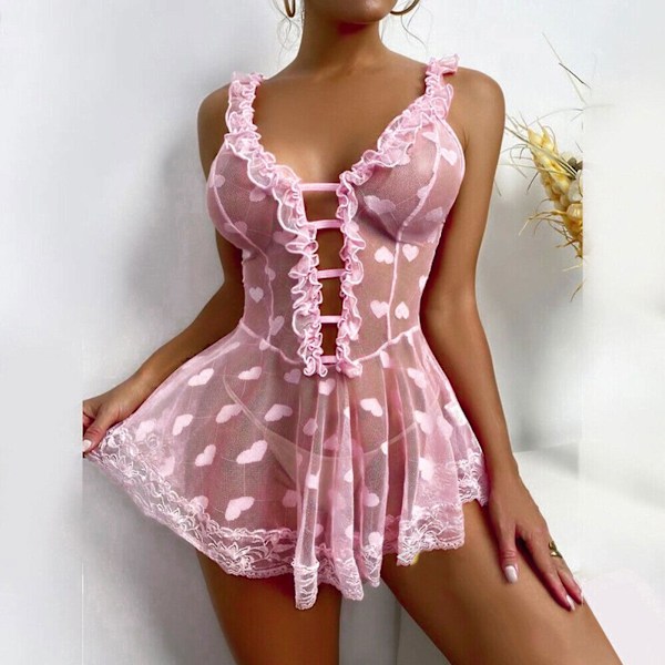 Bästsäljare - Sexig Dam Spets Babydoll Nattlinne Dam Underkläder Sovkläder Plus Storlek Light pink S