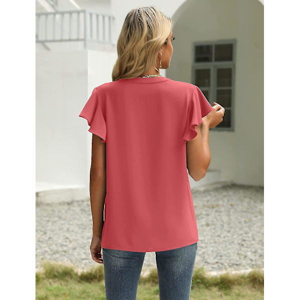 Dam Sommar Casual Delad V-ringning Chiffongblusar Lös Tunika Kortärmade Toppar Dark Pink XLarge