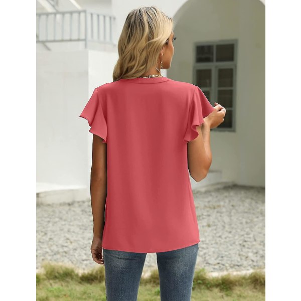 Naisten kesäinen rento halkio V-kaula-aukkoinen sifonkipusero löysä tunika lyhythihaiset topit Dark Pink XLarge