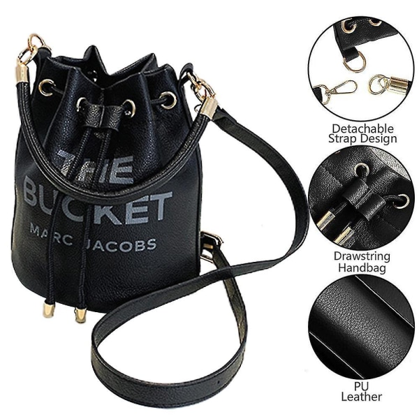 Dame Bucket Taske Pu Læder Justerbar Snøre Håndtaske Tote Crossbody Skuldertaske Black