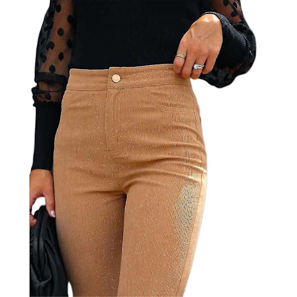 Kvinnors Corduroy Flare Byxor Hög Midja Klockbotten Byxor Khaki XXL