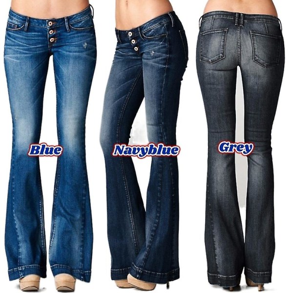 Låg midja utsvängda jeans för kvinnor lösa jeansbyxor med vida ben Causal Button Up Bell Bottom jeans Slim Fit Hellängd Dambyxor Light blue M