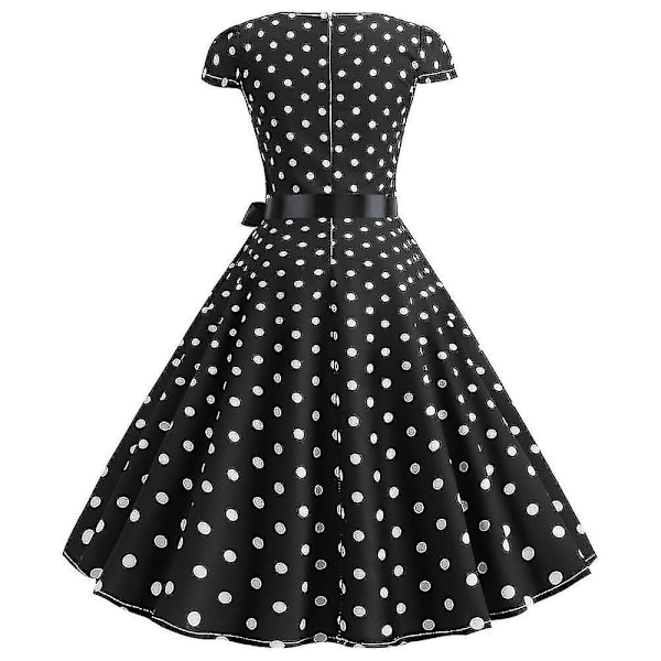 Kvinnor Polka Dot Retro 1950-tal 60-tal Rockabilly Aftonklänning Swing Festklänning Midi Klänning Black M