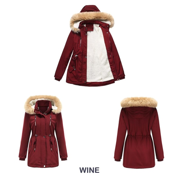 Tykk hætteparkacoat til damer, vindtæt fleeceforet jakke med lommer Wine Red XL
