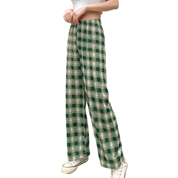 Lediga byxor för kvinnor, mångsidiga byxor med elastiskt midjeband, lös passform för vår och sommar Dark Green Checkered M