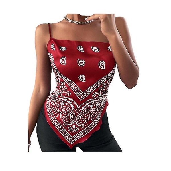 Mode Kvinder Vest Sommer Tanktoppe Sløjfe Rygfri Bluse Paisley Print Satin Lommetørklæde Top Casual Ærmeløse Tanktoppe Red L