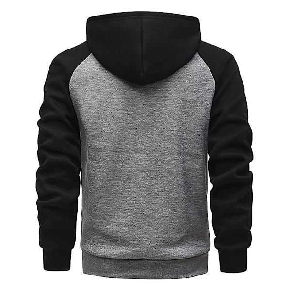 Fleecehettegenser med glidelås for menn, avslappet Colorblock hettegenser Black Dark Gray M