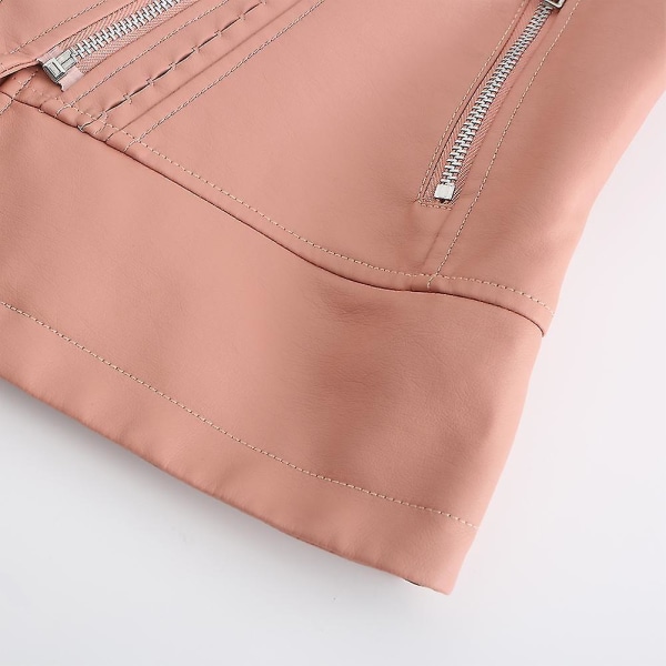 Dam Slim Fit Enfärgad Dubbad Shoulder Zip Kort läderjacka Pink 2XL