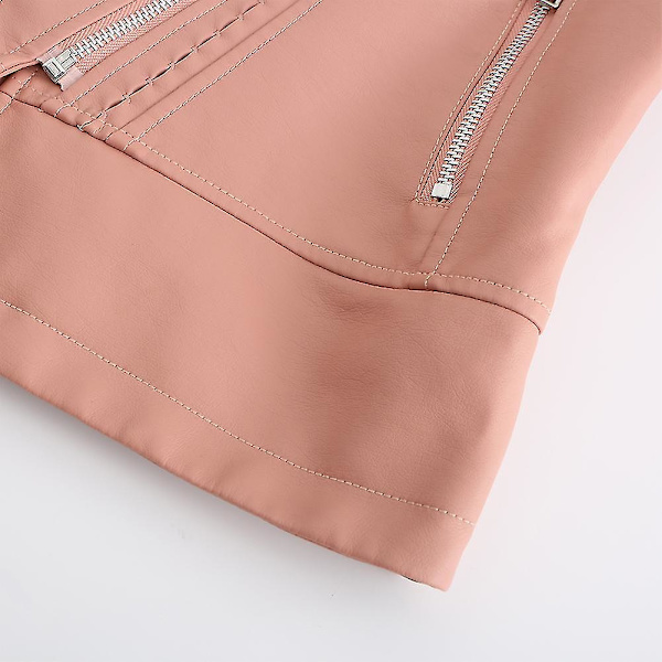 Dame Slim Fit Ensfarvet Læderjakke med Nitter på Skuldrene og Lynlås Pink M