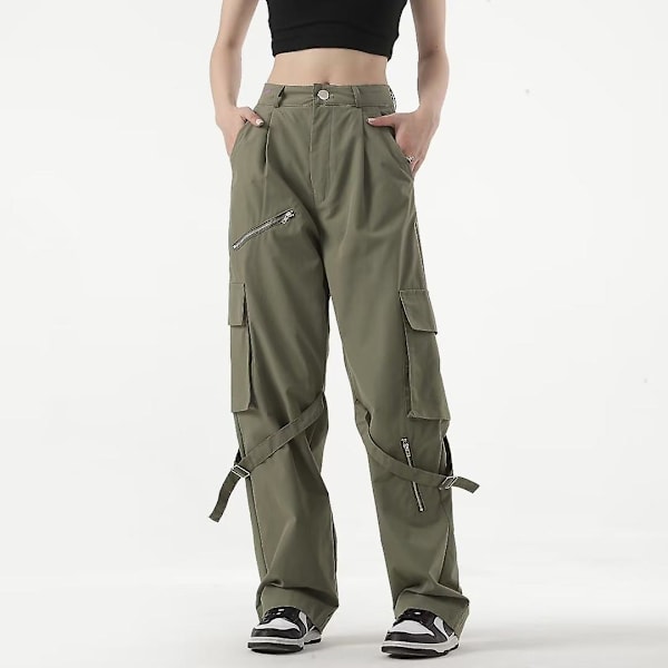 High Street Hip-hop Dragkedja Dekorerad Multi-ficka Tranbyxor Dam Hög Midja Hip-hop Spice Girls Lösa Raka Casual Byxor Dam GREEN XL