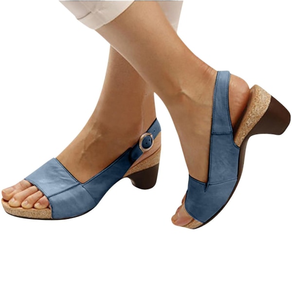 Bekväma Eleganta skor med låga klackar Kvinnor Sommar Sandaler med tjock klack Pumps Ankelspänne Öppen tå Casual Dark Blue 36