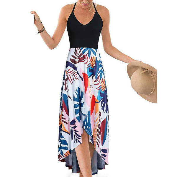 Dame Blomstret Slip Kjole Sommer Strand Svalehaler Swing A-Linje Kjoler Ærmeløs V-Hals Sommerkjole Plus Størrelse White Leaf 2XL