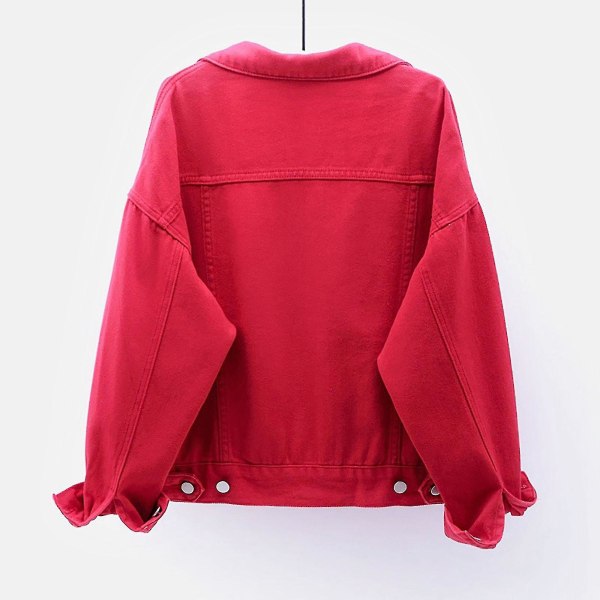 Dam Vår och Höst Jackor Varm Enfärgad Långärmad Jeansjacka Ytterkläder Red S