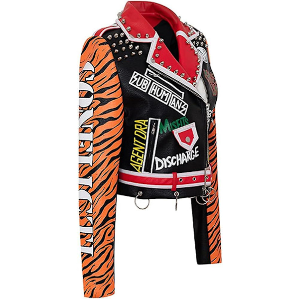 Læderjakke Dame Punk Nitter Graffiti Print Motorcykeljakke M