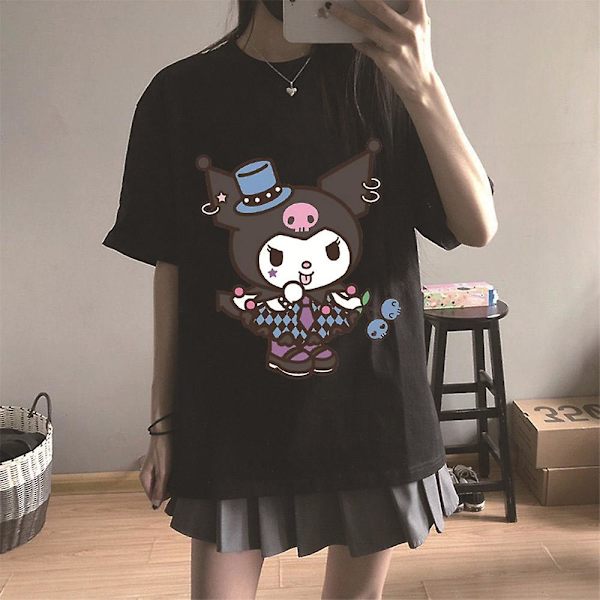 Sød Kuromi Print Harajuku T-shirt til Kvinder Teenagere Toppe Sommer Kortærmet Rund Hals Løs Pasform Casual T-shirts Black 2XL