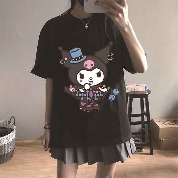 Söt Kuromi- print Harajuku-tröja för tonåringar för kvinnor Toppar med kort ärm sommar, rund hals och lös passform Casual T-shirts Black 2XL