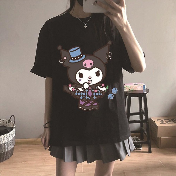Søt Kuromi-trykk Harajuku T-skjorte for jenter/tenåringer, sommer, kort erme, rund hals, løs passform, avslappet T-skjorte Black XL
