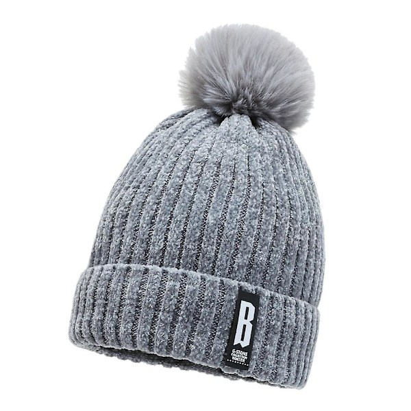 Dam Plus Sammet Pompom Stickad Mössa Vinter Varm Utomhus Ull Skidmössor Hatt Grey
