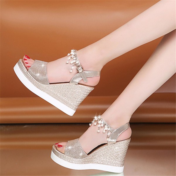 Dame Flatform Wedge Casual Sandal Espadrille Wedge Hæl Sandaler Med Perler Ankelrem Fødselsdagsgaver Til Damer Gold 33