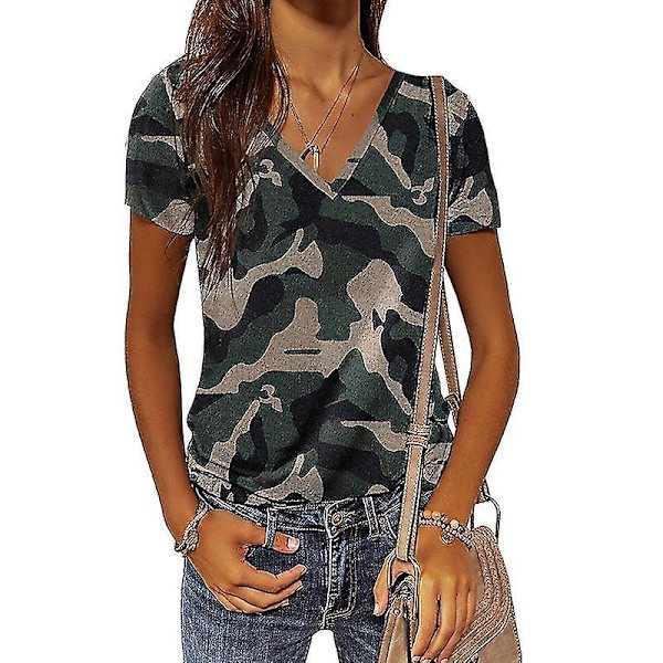 Kesäinen Camouflage T-paita Naisille V-kaula-aukolla ja Lyhyillä Hihoilla Green M