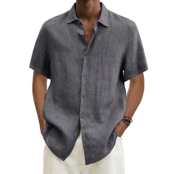 Herr Solid Summer Kortärmad Casual Skjortor Lapel T-shirt Knapp Upp Tee Toppar Plus Storlek Dark Grey XL