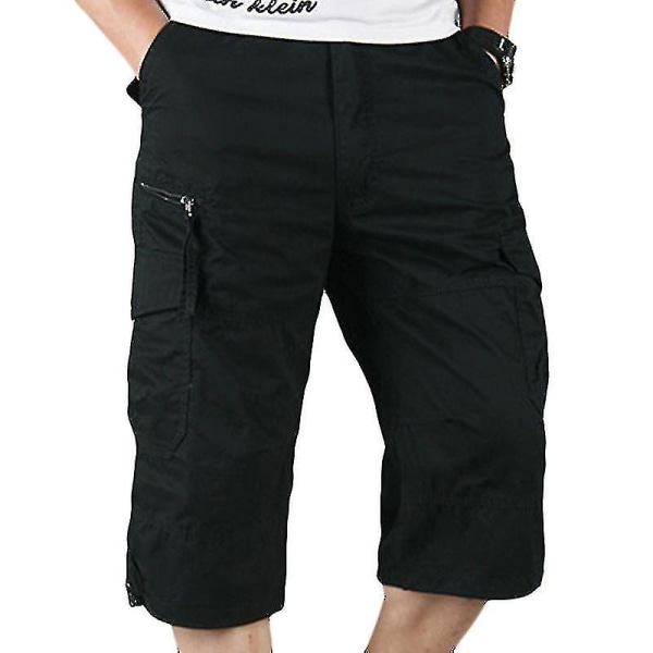 Herre 3/4 Lang Lengde Elastiske Shorts Midje Cargo Combat Tre Kvart Bukser Black XL