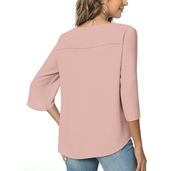 Sommar kvinnor casual skjorta, V-hals lös tunika topp för leggings, split 3/4 ärmar chiffong blus Pink X-Large