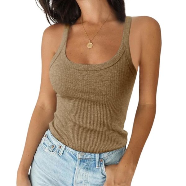 Dam Fyrkantig Hals Enkel Ärmlös Sling T-shirt Tanktopp Ribbad Cami Topp Khaki L