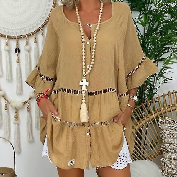 Dame Bomuld Linned Hulmønster Flæse Pullover Tunika Toppe Bluse Skjorte Plus Størrelse Khaki M
