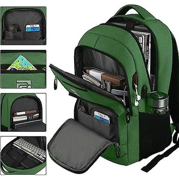 Kannettavan tietokoneen reppu, liikematka varkaudenesto ohut kestävä kannettavan tietokoneen reppu USB-latausportilla, vettähylkivä college-tietokonelaukku naisille ja miehille F green