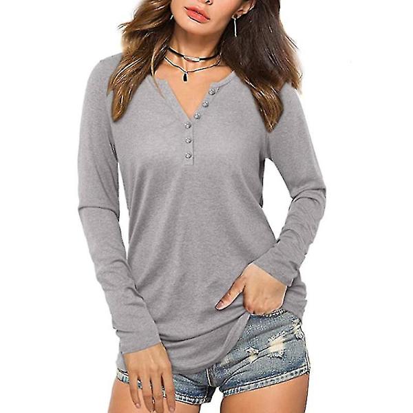 Dam V-ringad Långärmad Enfärgad Sommar T-shirt Knapptopp Gray M