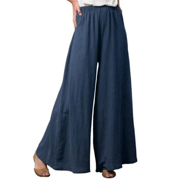Dame Ensfarvede Elastiske Talje Vide Ben Flared Bukser Sommer Casual Løse Lange Bukser Blue M