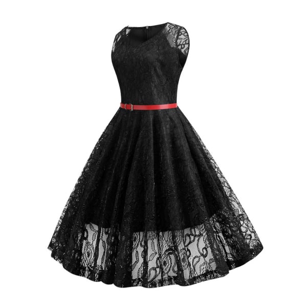 Damspets Retro Rockabilly Midiklänning 50-tal 60-tal Kvällsfest Swing Sundress Black Black XXL