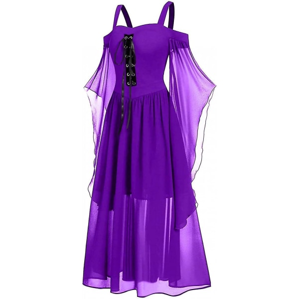 Maxiklänning med fjärilsärm för kvinnor medeltida punk gotiska kläder Sexig halloweenkostym Kallaxelkorsettklänningar B-purple Small