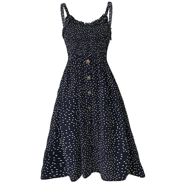 Dame Sommer Prikket Midi Kjole Ferie Bælte Strand Swing Løs Sommerkjole Navy Blue S