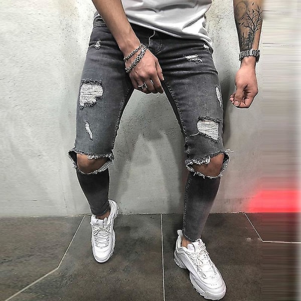 Män Rippade Skinny Jeans Byxor Nödställda Frayed Byxor Med Fickor Grey XL