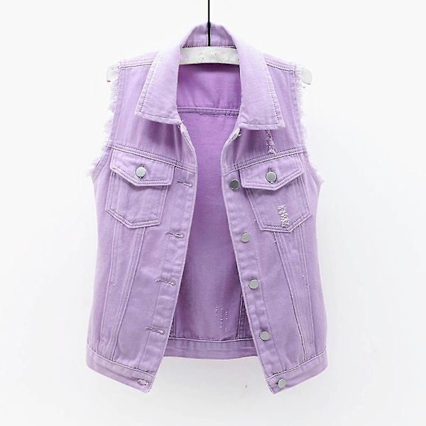Dame Forår og Efterår Frakker Ensfarvet Ærmeløs Denim Jakke Overtøj Purple L