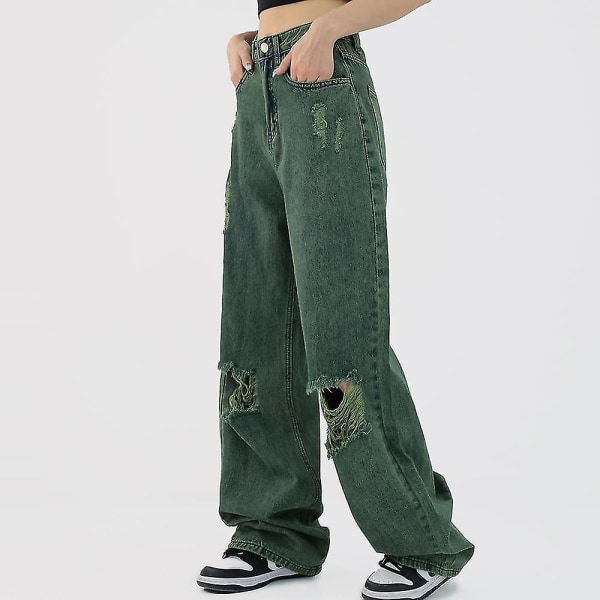 Kvinnor Streetwear Mode Byxor Höst Kvinnliga Gröna jeans Förstörda slitna hål Sexig Hög midja St Green XL