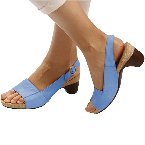 Bekväma Eleganta skor med låga klackar Kvinnor Sommar Sandaler med tjock klack Pumps Ankelspänne Öppen tå Casual Light blue 38