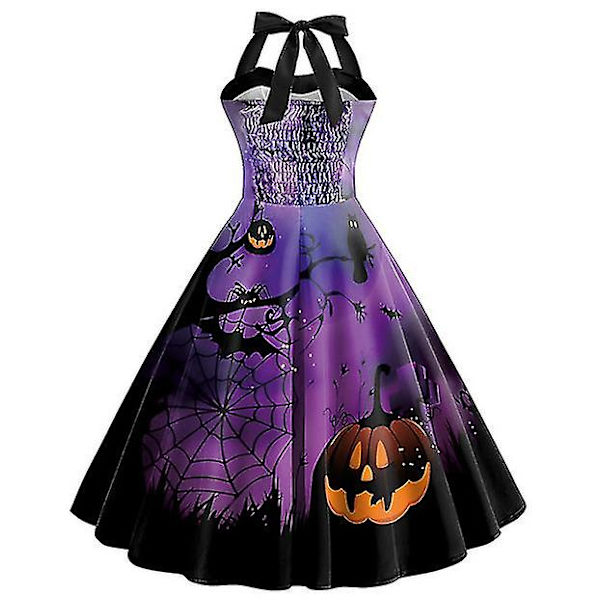 Halloween Dame Græskar Flagermus Spøgelse Skelet Print Ærmeløs Rund Hals Afslappet Kant Kjole COLOR 7 M